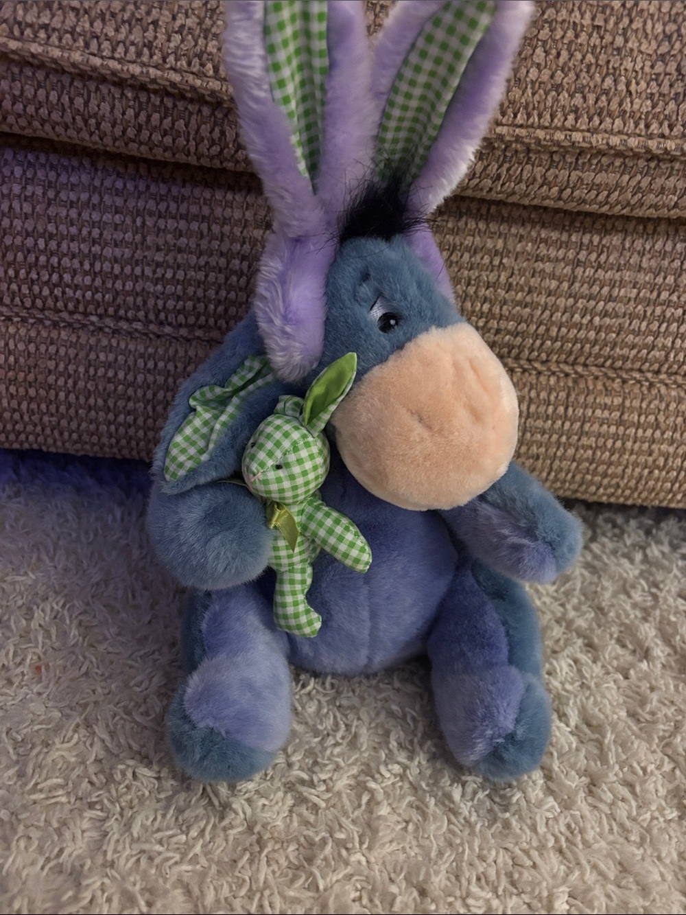Easter themed Eeyore with purple fluffy bunny, ears, and Velcro removable tail